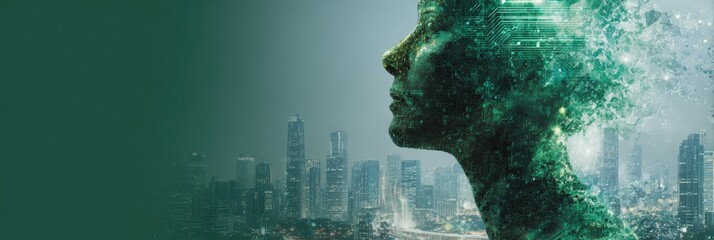 Digital Mind Profile with Cityscape Background.