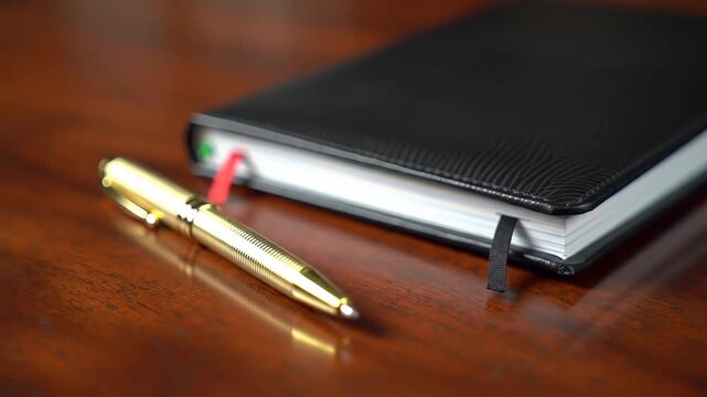 Classic pen and notebook on a dark wooden surface, desk background