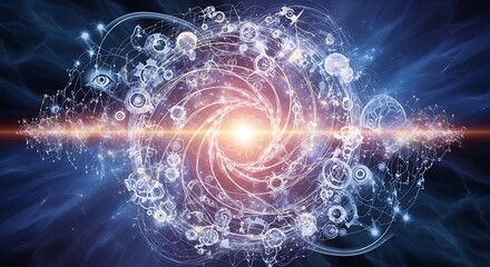 Entangled reality, complex structures with mystical vortex and symbolic eyes