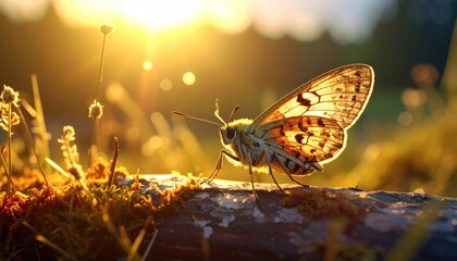 Butterfly Close Up on Mossy Log Under Golden Sunset Light Nature Macro Photography