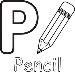 Letter P and Pencil Black and White Illustration for Children