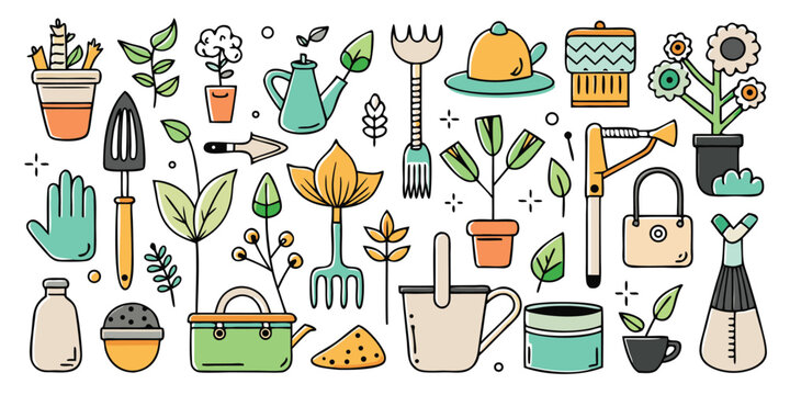 Whimsical doodle collection of gardening tools plants and pots for garden enthusiasts