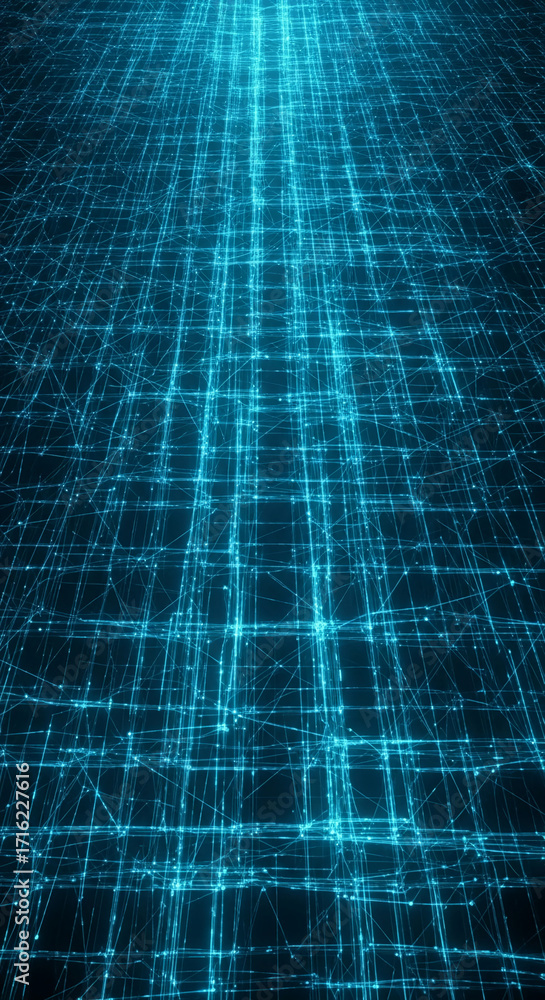 Poster abstract cyan grid pattern, glowing lines converge to create depth and perspective, representing dig