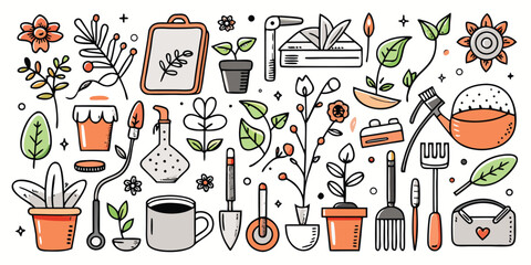 Whimsical hand drawn gardening tools and plants for a blooming garden adventure