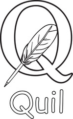 Letter Q with Quill, Black and White Illustration