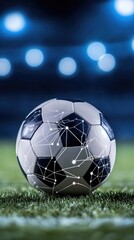 Fototapeta premium A soccer ball rests on a blurred stadium field, enhanced by blue glowing lines and digital connections, showcasing a modern, technology-driven sporting environment