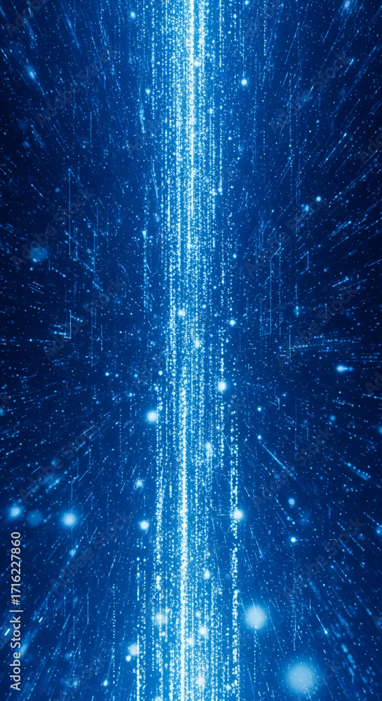 Poster abstract blue background with bright vertical lines of light particles, creating a dynamic and energ