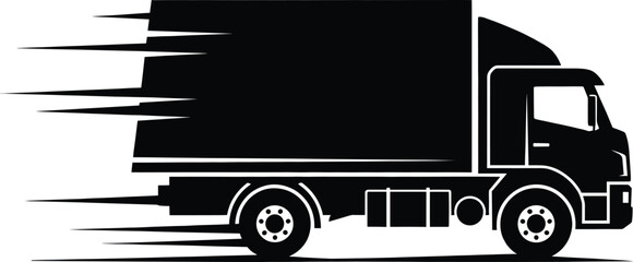 Fast delivery truck icon. Black silhouette of a moving cargo lorry with speed effect. Vector illustration for shipping and logistics