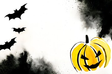 Halloween watercolor background with a jack-o'-lantern and bats  
