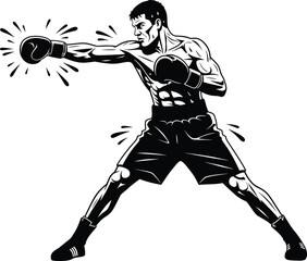 Boxer throwing a powerful punch. Muscular male fighter in boxing gloves. Black and white combat sport vector illustration