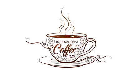Celebrate International Coffee Day with a steaming, decorative cup and saucer, perfect for promotions.