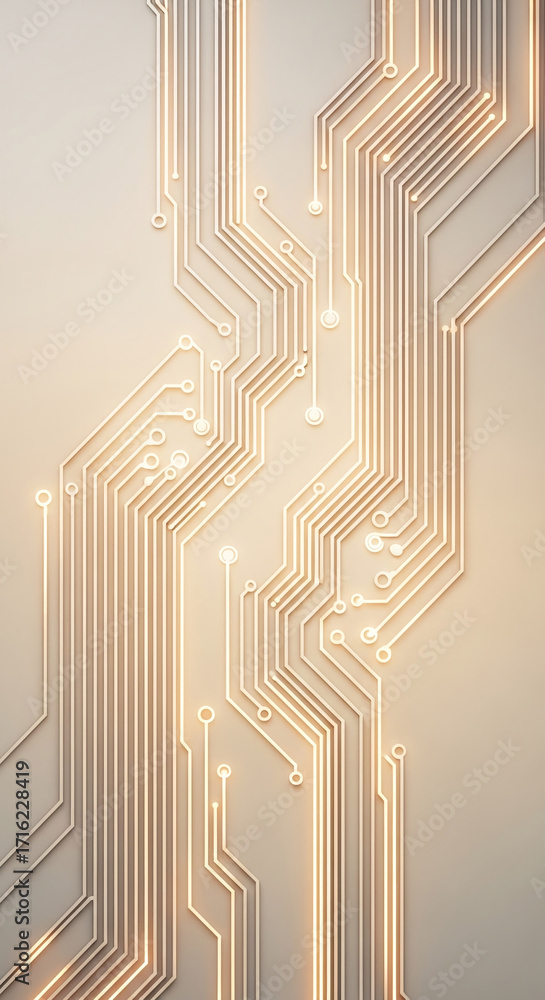Poster abstract beige circuit board texture with glowing lines, showcasing technological connection and inn
