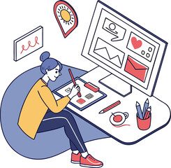 Vector art of a business man playing cards on a laptop in an office