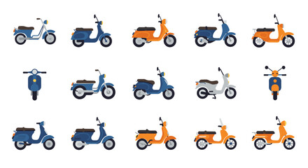 Flat style collection of vintage scooters in various colors and angles