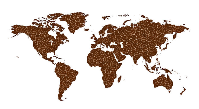 Global coffee bean map art, a stimulating visual for beverage brands, travel, and global business concepts.