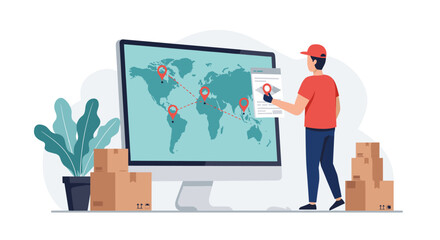 Global package delivery tracking concept with route map and courier