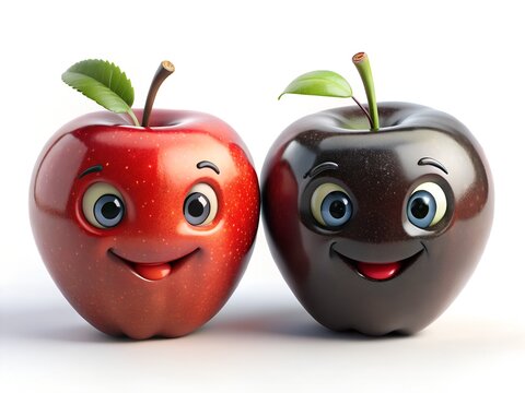Two cartoon apples with smiling faces isolated on white background, one red and one dark purple