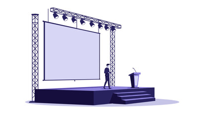 Business presentation in minimalist style with speaker on stage under spotlight