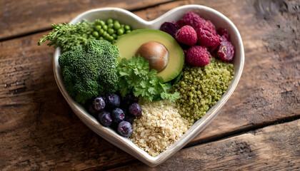 heart shaped bowl of healthy food