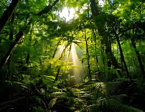 Sunlight streams through a lush, vibrant forest