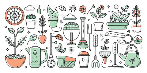 Collection of whimsical gardening tools and potted plants for outdoor and indoor cultivation