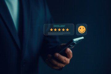 Customer satisfaction five star rating on mobile app screen,excellent service feedback with smiley face icon,digital reputation and client experience management concept