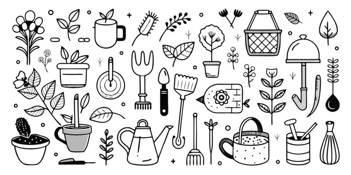 Whimsical doodle collection of gardening tools and plants for a creative garden enthusiast