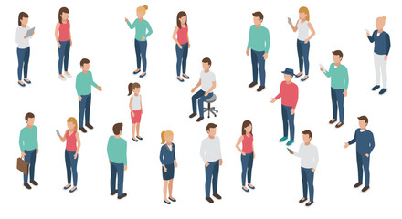 Obraz premium Isometric people in casual attire: daily interactions and conversations