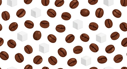 Obraz premium Rich coffee beans and sweet sugar cubes create a delightful pattern for breakfast or cafe designs