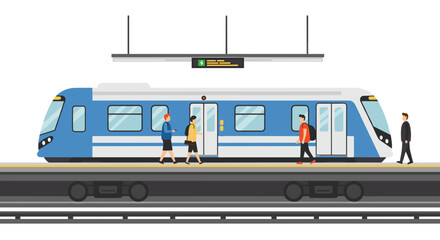 Modern flat design subway scene with commuters and blue train at platform