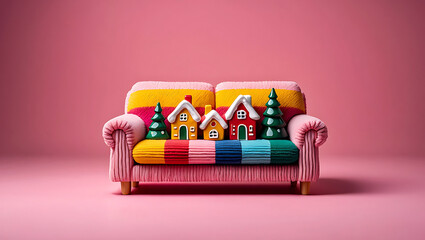 Whimsical Christmas Village on Striped Couch with Pastel Pink Background Festive Holiday Display for Home Decor and Seasonal Joy
