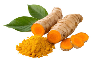 Fresh turmeric root and powder with leaves
