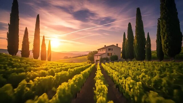 Vineyard rows with tall trees and a house against sunset in the golden hour