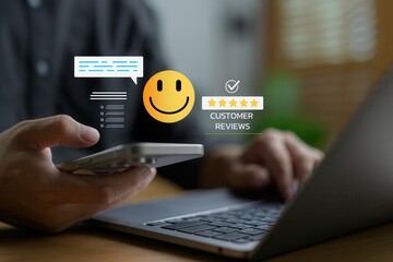 Customer review and satisfaction feedback with five star rating and smiley face icon,user experience evaluation on mobile device,digital service rating and client opinion