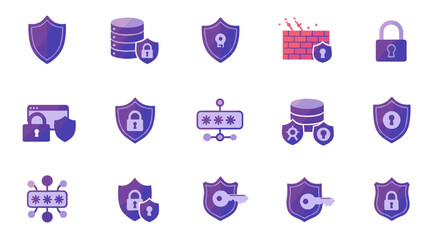 Security icons set in gradient style featuring shields, locks, and firewalls