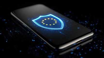 A smartphone displaying a glowing blue shield icon with EU stars, symbolizing digital data protection and security.