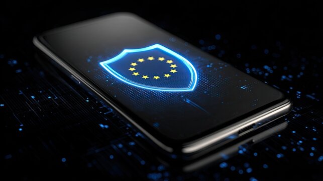 A smartphone displaying a glowing blue shield icon with EU stars, symbolizing digital data protection and security.