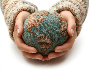 Hands holding a knitted globe