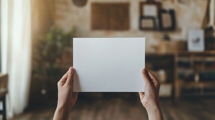 Hands holding a blank white card indoors with blurred background decor.