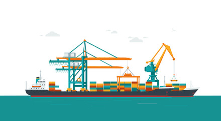 Fototapeta premium Cargo ship at port with cranes and containers in flat design