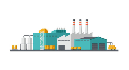 Industrial factory building with chimneys and storage containers in flat design