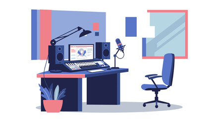 Modern recording studio workspace with audio equipment and microphone