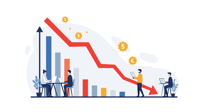 Economic downturn concept with declining graph and business professionals analyzing data