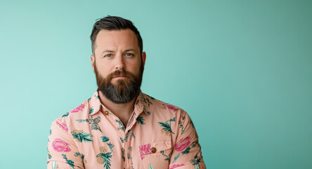 Obraz premium Stylish Man with Beard in Floral Shirt Against a Teal Background