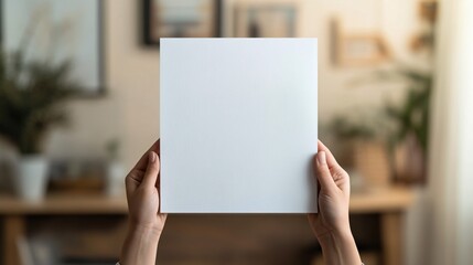 Hands holding a blank white square canvas with blurred background indoor setting.
