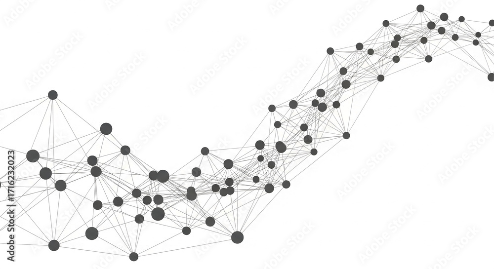 Poster abstract image of interconnected dark gray nodes and thin lines on white background, representing ne