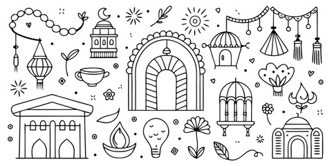 Fototapeta premium Islamic festive collection of mosques lanterns arches and decorative elements line art