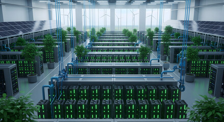 Data Center with Environmental: A forward-thinking data center melds technology with eco-consciousness, showcasing servers coexisting with verdant plants and renewable energy sources