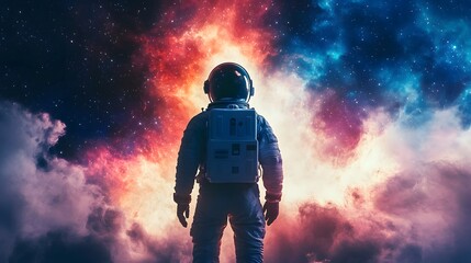 An astronaut stands in awe before a breathtaking nebula, with vibrant colors and cosmic dust illuminating the vast expanse of space and the mysteries beyond us all.