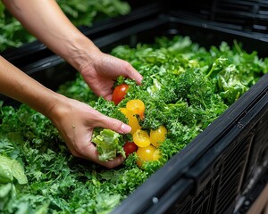 Hands selecting fresh produce from a refrigerated display case
